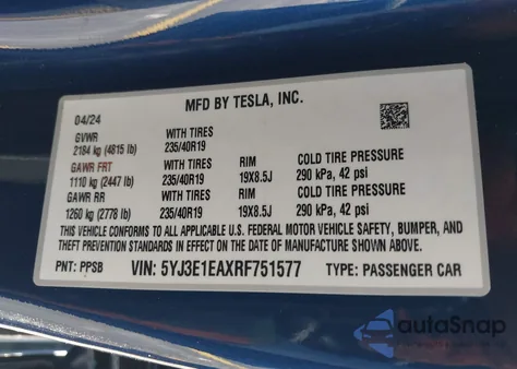 2024 Tesla Model 3 Long Range Dual Motor All-Wheel Drive/Rear-Wheel Drive from USA, damaged, VIN 5YJ3E1EAXRF751577
